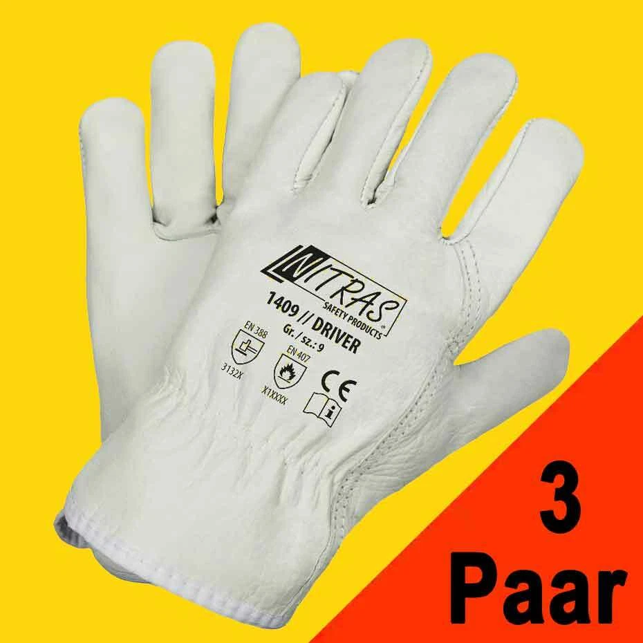 3 Paar Rindvolllederhandschuhe Arbeitshandschuhe Nitras 1409 grau (Gr.8-11) - Bild 1 von 1