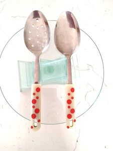 Temptations Serving & Slotted Spoons Set Red White Polka Dot Comfort Handle NICE - Picture 1 of 6
