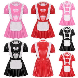 Men's Wet Look PVC Leather Sissy French Maid Dress Halloween Cosplay Costume - Picture 1 of 34