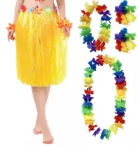 Hawaiian Lei Hula 60cm Yellow Grass Skirt & 4 Piece Flower Garland Adult Set - Picture 1 of 4