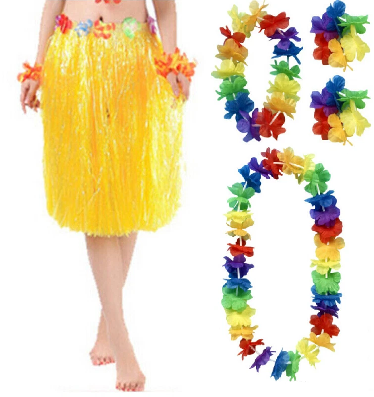 Falda Hawaiana Hula Hierba AMARILLA 60 cm y 4 Piezas Guirnalda de Flores Adulto Vestido Elegante Foto 1 de 4
