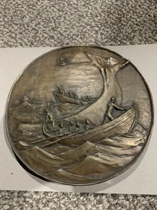 High Relief 7 3/4 inch Bronze Nautical Whaling Scene Table Medal With Felt Back - Picture 1 of 6