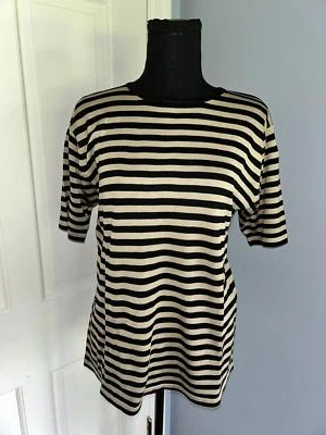 August Silk, Tan/Black Stripe Short Sleeve Silk Sweater, Size M - Image 1 of 4