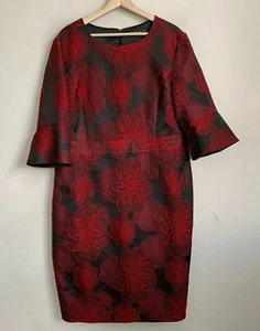 Abito tubino Preston & York nero rosso ricamato maniche a campana foderato zip taglia 18 - Foto 1 di 10