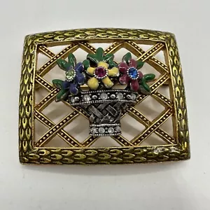 Joan Rivers Flower Basket Framed Rhinestone Enamel Pin Brooch Basket Weave Gold - Picture 1 of 12