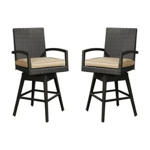 Ulax Furniture Outdoor Bar Stool Swivel Wicker+Beige Cushion+Counter Height 2Pck - Picture 1 of 8