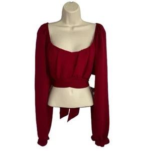 Juniors Large Pie In The Sky Red Long Sleeve Cropped Back Tie Blouse - Picture 1 of 2