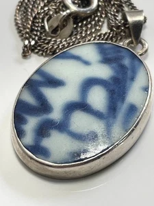 Vintage handcrafted blue pottery pendant and 925 sterling silver chain necklace - Picture 1 of 18
