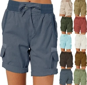 .Womens High Waist Cargo Shorts Ladies Casual Loose Cotton Linen Solid Hot Pants - Picture 1 of 26