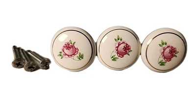 Lot 3 VTG White Porcelain Pink Roses & Gold Trim 1 1/4’’ Drawer Pull Knobs Charm - Image 1 of 4