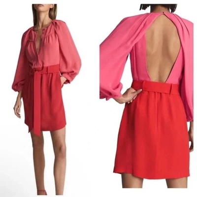 Reiss NEW Valentina color clash color block mini Dress pink red size 2 - Image 1 of 4