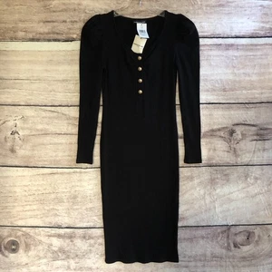 Abito Generation Love S nero a costine Zora midi manica a sbuffo bottoni oro Henley - Foto 1 di 15