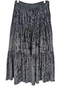 Vintage 90er schwarz Crushed Samt abgestuft Rüschen Witchy Whimsigoth Midirock Gr 8 - Bild 1 von 8