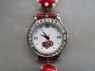 Unusual Gossip Watch Red, White & Clear Beaded Band Gemstone Bezel New Battery - Image 1 of 4