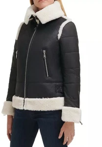 KARL LAGERFELD PARIS Womens Fleece Trim Puffer Coat Size Small Black Cream - Picture 1 of 9