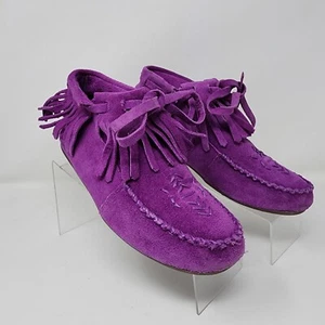 Lands End Mocassin Bootie Womens 6.5 Purple Clover Flower Fringe Flat Shoes - Picture 1 of 8