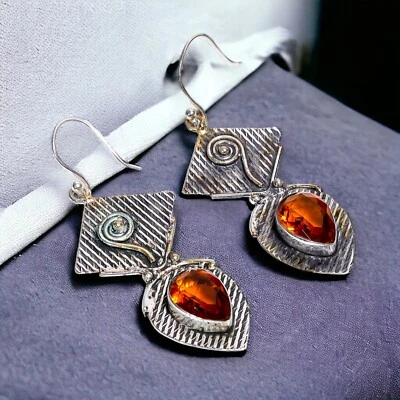 AAA Quality Hessonite Garnet Gemstone Dangle Earrings Handmade Sterling Silver - Image 1 of 2