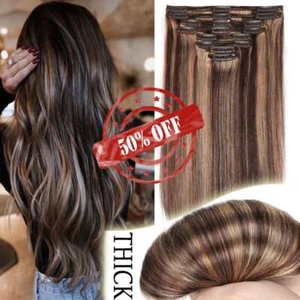 Luxury Thick Clip in Real Human Hair Extensions Double Weft Full Head Highlight - Picture 1 of 57