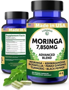7850mg Moringa Leaf Extract Supplement with Ashwagandha Boswellia Ginseng 60ct - Picture 1 of 6
