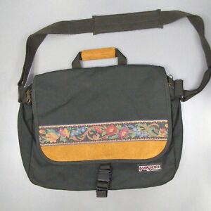 JanSport Messenger Bag Vintage 90s Floral Leather Accent Briefcase Black Laptop