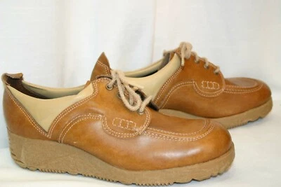 NOS Vtg  70s 6.5 Mens Shoes Wedge Platform Heel Step Master Oxford Tie Brown Tan - Image 1 of 4