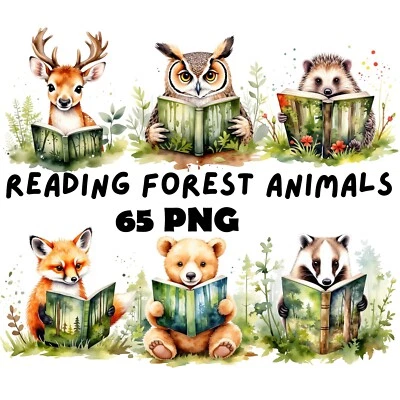 Cute Forest Animals Reading Books Watercolor Printable Clipart Digital Download - Image 1 of 4