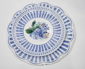 SHABBY CHIC MELAMINE Hydrangeas Floral Blue 11" Dinner 9" Salad SET of 2 PLATES - Picture 1 of 2