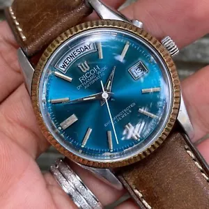 RARE Ricoh President Dynamic Wide Automatic Blue Dial Day Date Vintage Men Watch - Picture 1 of 8