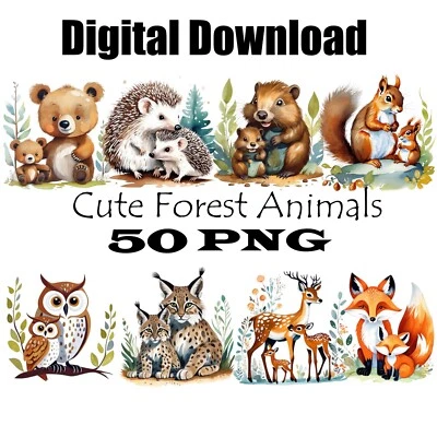 Cute forest Animals Watercolor Clipart PNG Digital Download for DIY Decoration - Image 1 of 4