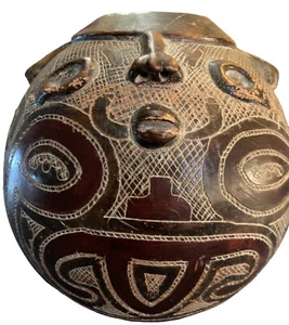 Vintage Marajoara Terracotta Amazon Brazil Red Clay Face Pottery Pot Vase Signed - Picture 1 of 9