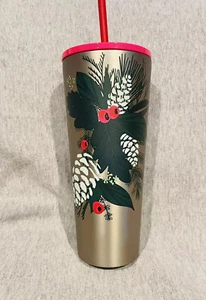 Starbucks Stunning Holiday 2021 Venti Coppa Fredda Rosa Bronzo Agrifoglio Metallico Nuovo - Foto 1 di 5