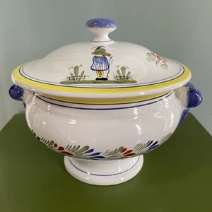 Henriot Quimper French Pottery Covered Soup Tureen Faience Hand Painted 8" D - Picture 1 of 10
