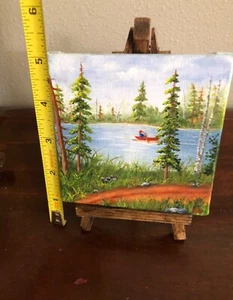 Original 4” oil painting w/easel , miniature lake scene landscape - Picture 1 of 7