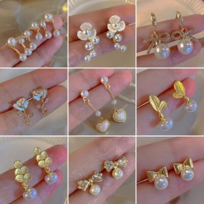 Fashion Pearl Zircon Ear Stud Earrings Drop Dangle Women Party Jewellery Gift - Image 1 of 4