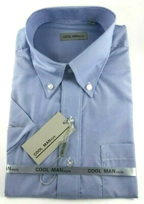 Camicia uomo classica mezza manica Celeste riga bianca collo Button Down art 275 - Immagine 1 di 3