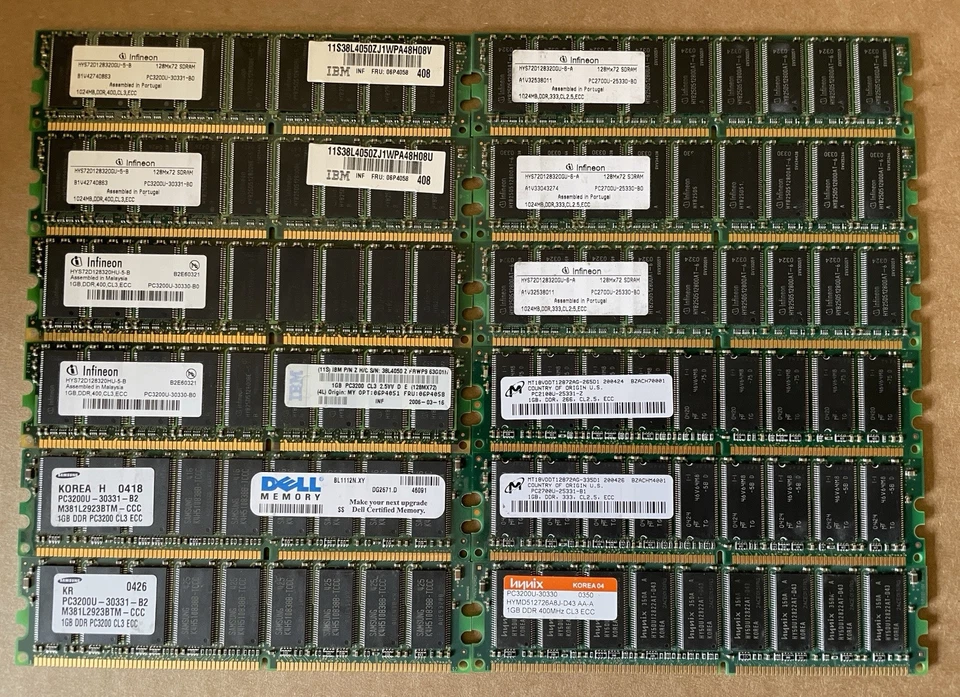 LOTE DE 12 PIEZAS DDR400 Y DDR333 1 GB ECC SIN BÚFER 184 PINES PARA ESCRITORIO O SERVIDOR Foto 1 de 1
