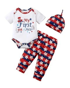 Newborn Baby Boy Clothes Infant Short Sleeve Blue Romper 4th of July Independ... - Picture 1 of 6