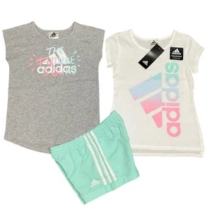 adidas Girl’s Activewear Shirts Pull on Shorts 3 Piece Set Size 5 NEW - Picture 1 of 7