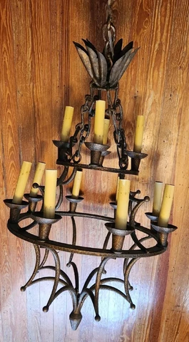 Vintage Arts & Crafts Wrought Iron Chandelier 12 Light Gothic Castle Medieval Cover