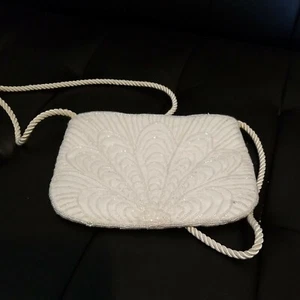 Beaded Purse Off-White Formal Bridal Small Handbag 5" X 7" Scalloped Top Vintage - Picture 1 of 11