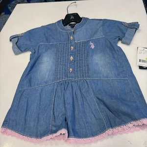 NWT U.S. Polo Assn Girl's Size 4 Demin Dress Pink Logo & Trim, Rolled Sleeves - Picture 1 of 10