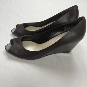 Nine West Pump Wedge Heels Womens 9.5 M Dark Brown Leather Slip On Open Toe