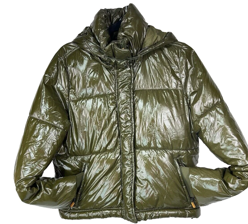 Gap Fit Puffer Jacket Womens Small Shiny Nylon Olive Green Short Hooded Coat - Image 1 of 4