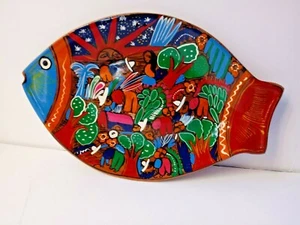 Fish Shape Platter Mexico Hand Painted Village Fiesta Clay Plate Folk Art VTG - Picture 1 of 8