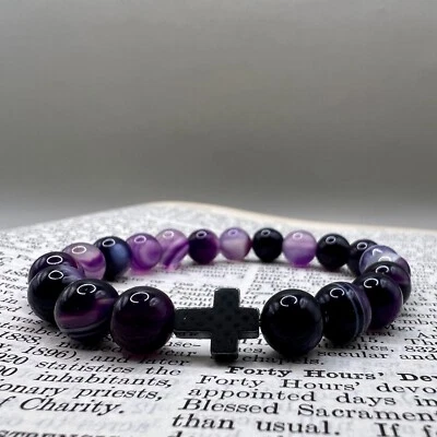 Pulsera religiosa cristiana católica hecha a mano cuentas de rosario ágata púrpura Foto 1 de 4