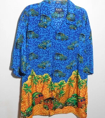 Винтажный Y2K K.A.D. Рубашка мужская Clothing Co. размер XL SS деревянный автомобильный принт гавайская - Изображение 1 из 4