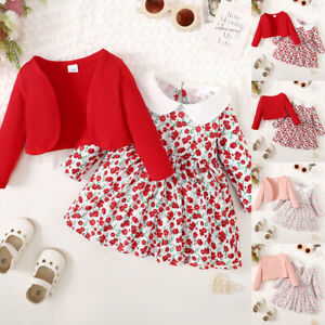 Kids Girls Long Sleeve Solid T-shirts Coats Floral A-Line Cute Dress 2pcs Outfit