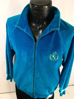 复古男式 AZURE 蓝色天鹅绒网球外套金色皇冠 Crest VELOUR 轨道夹克 M — 第 1/4 张图片