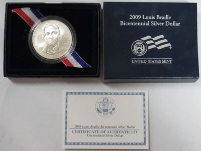2009 P LOUIS BRAILLE $1 UNCIRCULATED BU COMMEMORATIVE DOLLAR BOX COA - Image 1 of 3