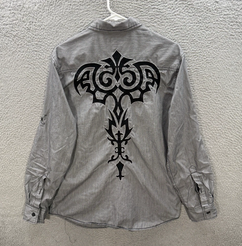 Helix Shirt Adult Medium Gray Pearl Snap Embroidered Western Rodeo Mens Y2K - Image 1 of 4